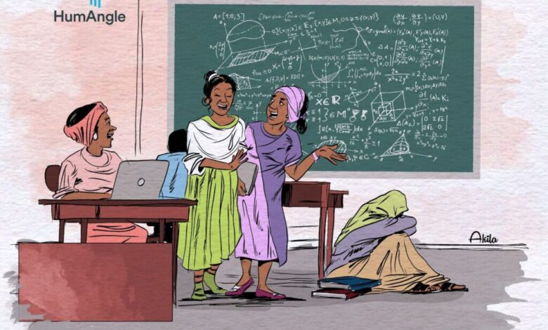 Illustration of three women in a classroom, one teaching at a chalkboard filled with equations, the others at a desk with a laptop.