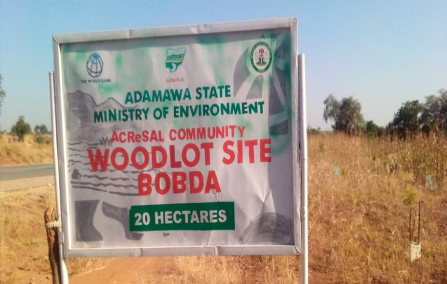 Signboard for Adamawa State Ministry of Environment Woodlot Site Bobda, 20 hectares, with a dry field in the background.