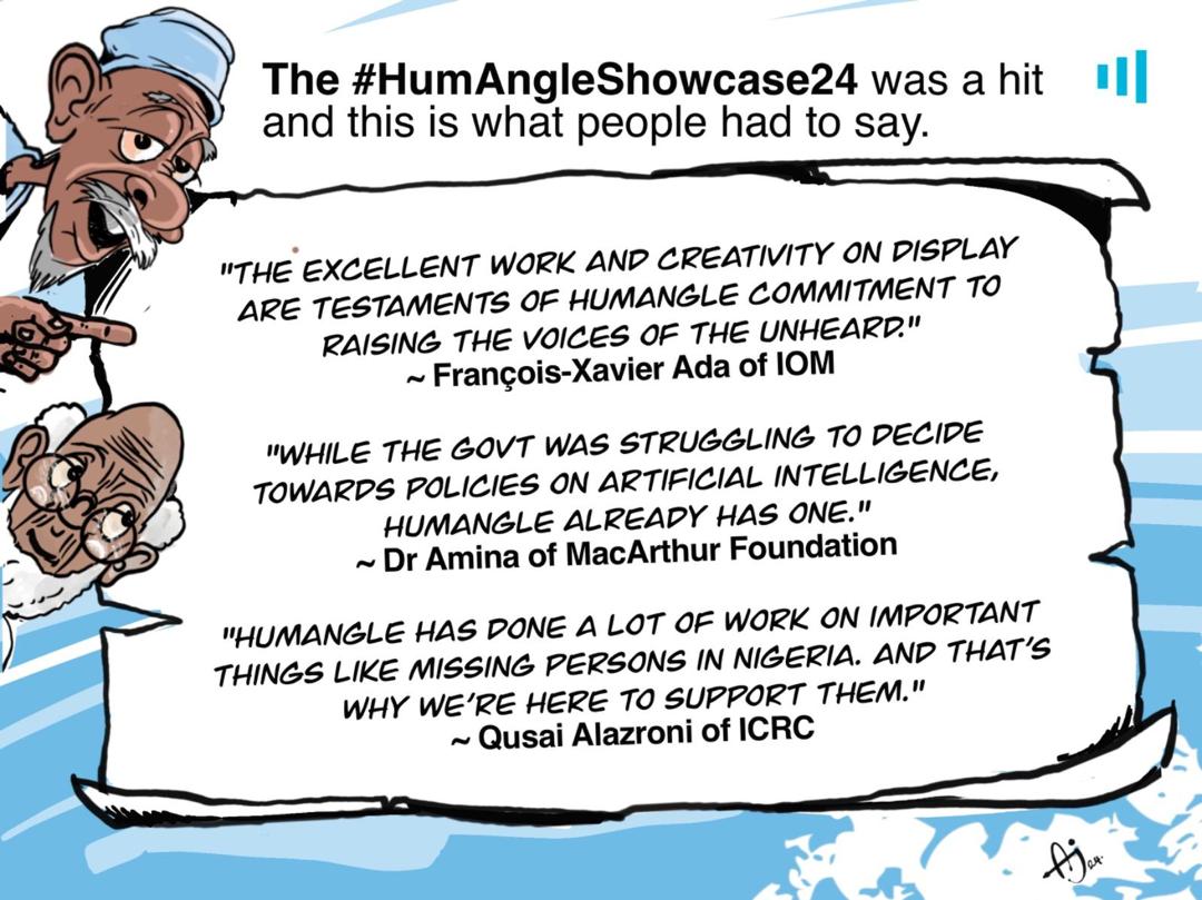 Cartoon with positive quotes about #HumAngleShowcase24, praising work on unheard voices, AI policies, and important issues.