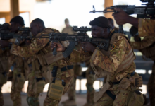 A group of soldiers in camouflage gear aiming their rifles during a training exercise.