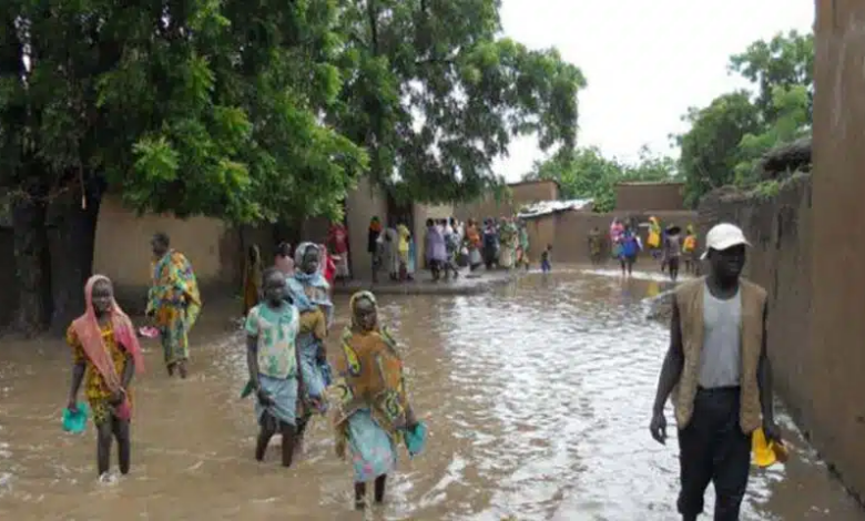 Residents walking through a flooded village street.