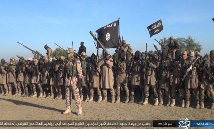 A group of armed individuals in military attire, standing with flags, in a desert location.