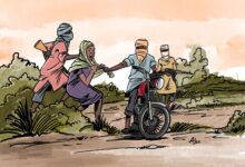 Cartoon of three people pushing a motorcycle on a dirt road, one carrying a jug, suggesting a rural setting.