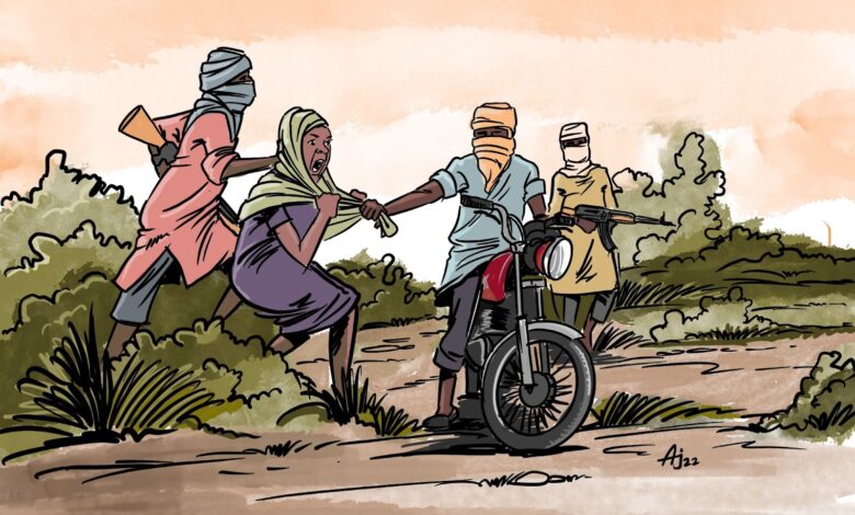 Cartoon of three people pushing a motorcycle on a dirt road, one carrying a jug, suggesting a rural setting.