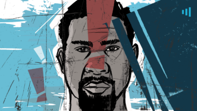 Stylized digital portrait of a man with abstract blue and red geometric background.