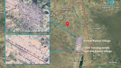 Satellite map showing the locations of former and current Kawuri Village in Nigeria, with inset images highlighting housing areas.