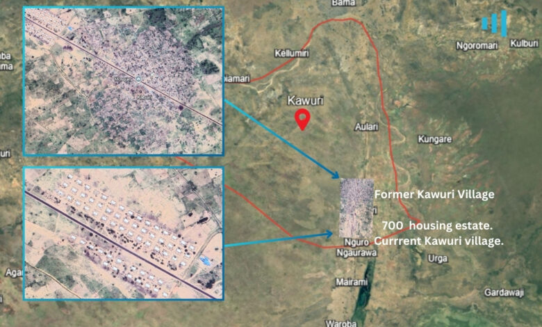 Satellite map showing the locations of former and current Kawuri Village in Nigeria, with inset images highlighting housing areas.