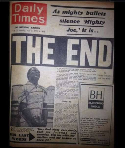 Front page of Daily Times newspaper with headline "The End" and a photo of a uniformed man. Text mentions "Mighty Joe" and final words.