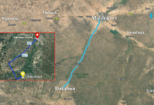 Google map illustration showing Sabon Gari and Damboa Town, as well as the road between Maiduguri and Damboa local government area of Borno state.