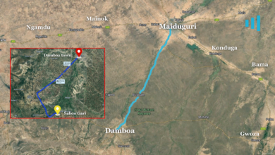 Google map illustration showing Sabon Gari and Damboa Town, as well as the road between Maiduguri and Damboa local government area of Borno state.