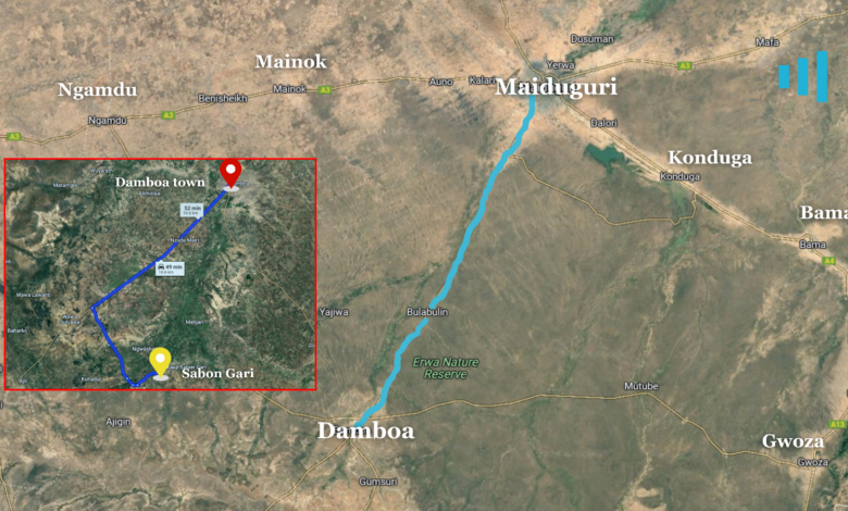 Google map illustration showing Sabon Gari and Damboa Town, as well as the road between Maiduguri and Damboa local government area of Borno state.