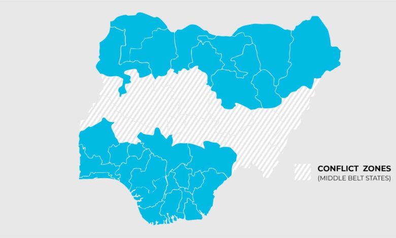 Map of Nigeria showing highlighted Middle Belt states in conflict zones, marked in blue against a grey background.