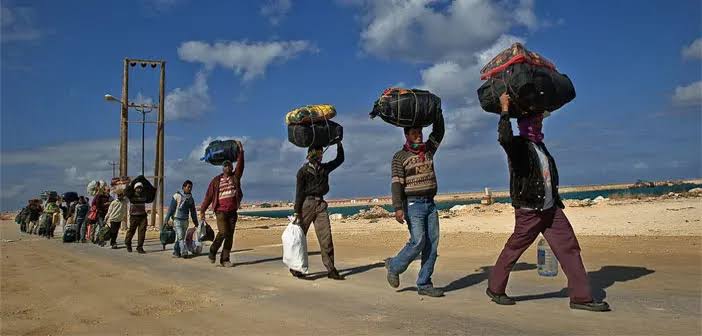 A line of people walking under a blue sky, each carrying large bundles on their heads along a sandy path.