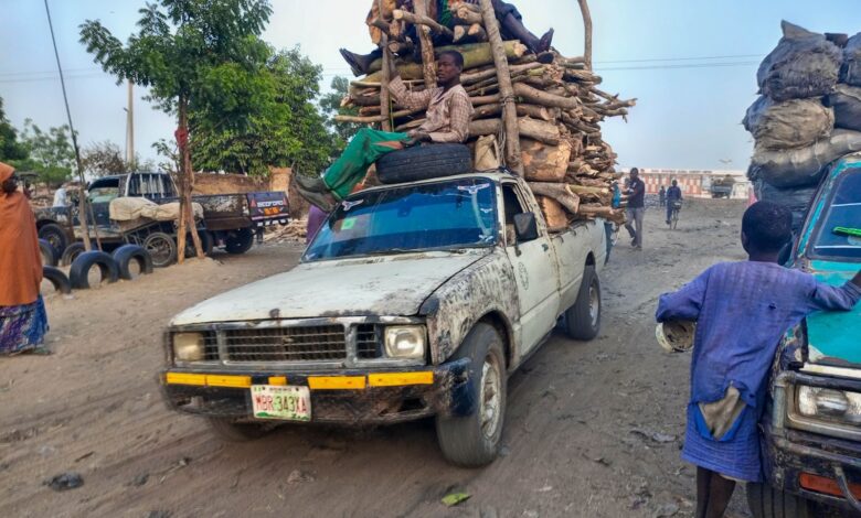 Pickup truck loaded with firewood, carrying passengers on top, drives through a dusty street. People and vehicles are around.