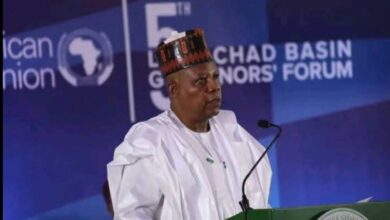 A speaker in traditional attire stands at a podium during the 5th Lake Chad Basin Governors' Forum.