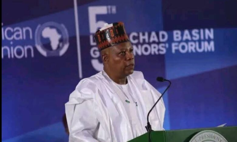 A speaker in traditional attire stands at a podium during the 5th Lake Chad Basin Governors' Forum.