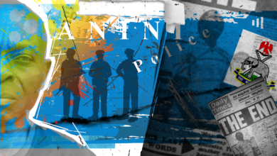 Abstract collage featuring silhouettes of three figures against a blue background, with text and newspaper clippings layered creatively.