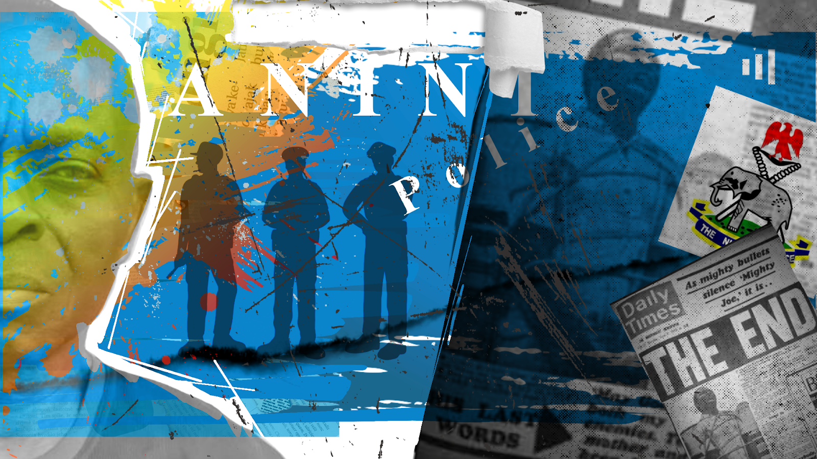 Abstract collage featuring silhouettes of three figures against a blue background, with text and newspaper clippings layered creatively.