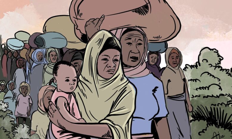 Illustration of a group of people carrying bundles, with a woman holding a child in the foreground, walking against a soft sky backdrop.