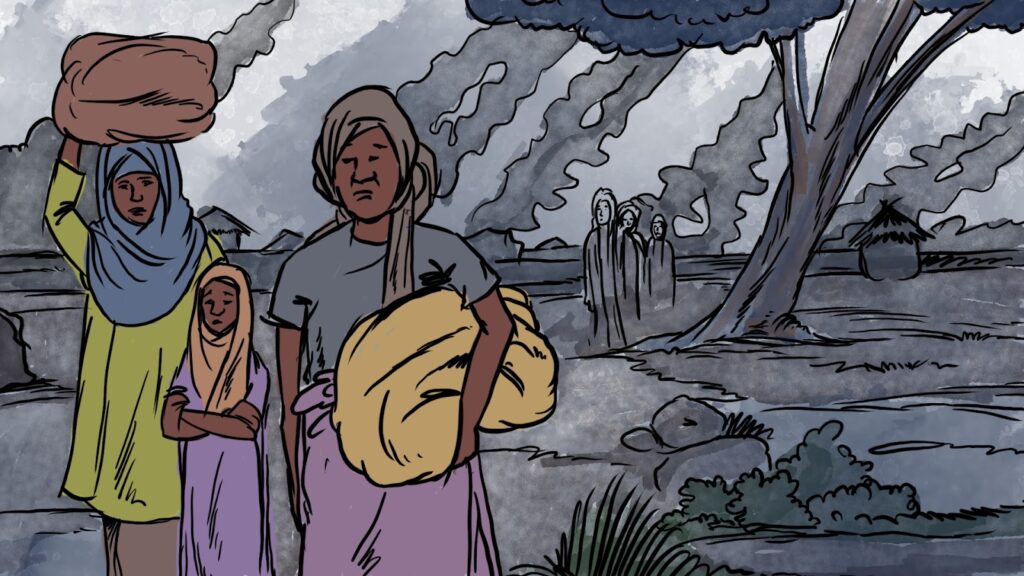 Illustration of women and a child carrying bundles, walking through a desolate landscape with huts and trees under a cloudy sky.