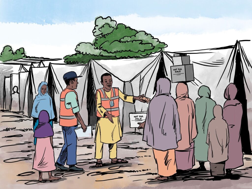 Aid workers distribute supplies to a group of people near tents labeled "Not For Sale" in a camp setting.