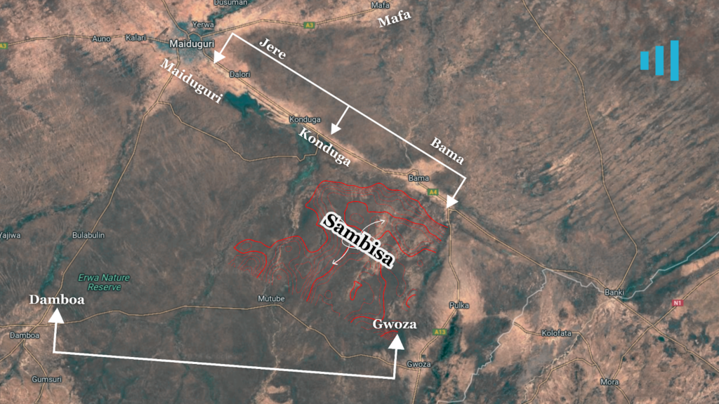 Map highlighting Sambisa Forest and surrounding regions: Maiduguri, Jere, Mafa, Bama, Konduga, Gwoza, Damboa.