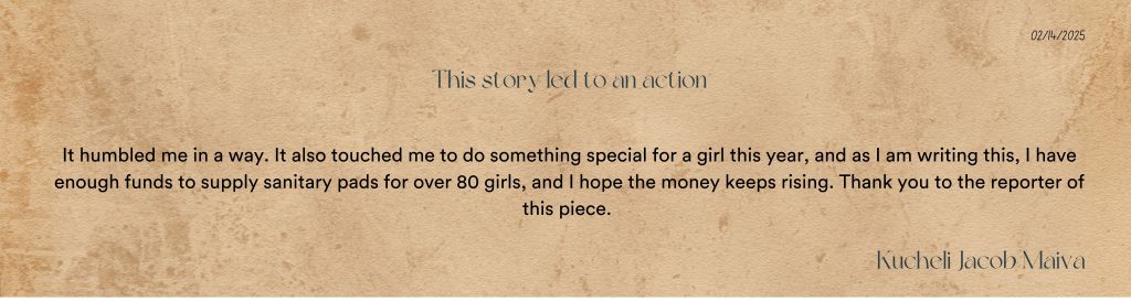 Text on a textured background about fundraising for over 80 girls' sanitary pads, inspired by a story, signed Kucheli Jacob Maiva.