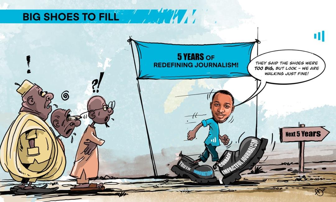 Cartoon of a man walking with oversized shoes labeled “Truth,” “Innovation,” and “Impactful Journalism.” Banner: “5 Years of Redefining Journalism.”