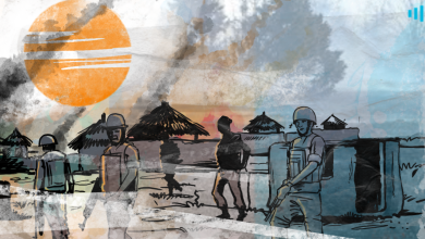 Illustration of soldiers in a village with huts, under a large orange sun and smoky sky.