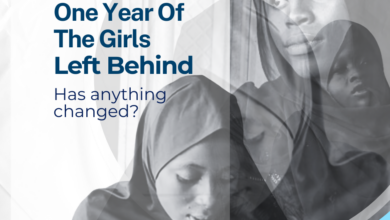 Black and white image of girls in hijabs with text: "One Year Of The Girls Left Behind. Has anything changed?" #BirninYauriGirls