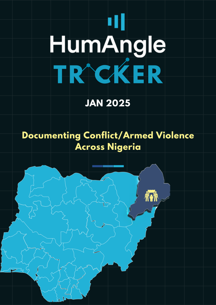 Map of Nigeria highlighting conflict areas, titled "HumAngle Tracker, Jan 2025: Documenting Conflict/Armed Violence Across Nigeria".