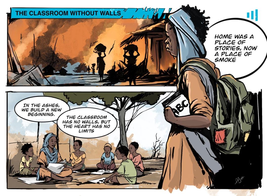 Comic with a burning village and scenes of children learning outdoors. Text talks about moving beyond loss to create new beginnings.