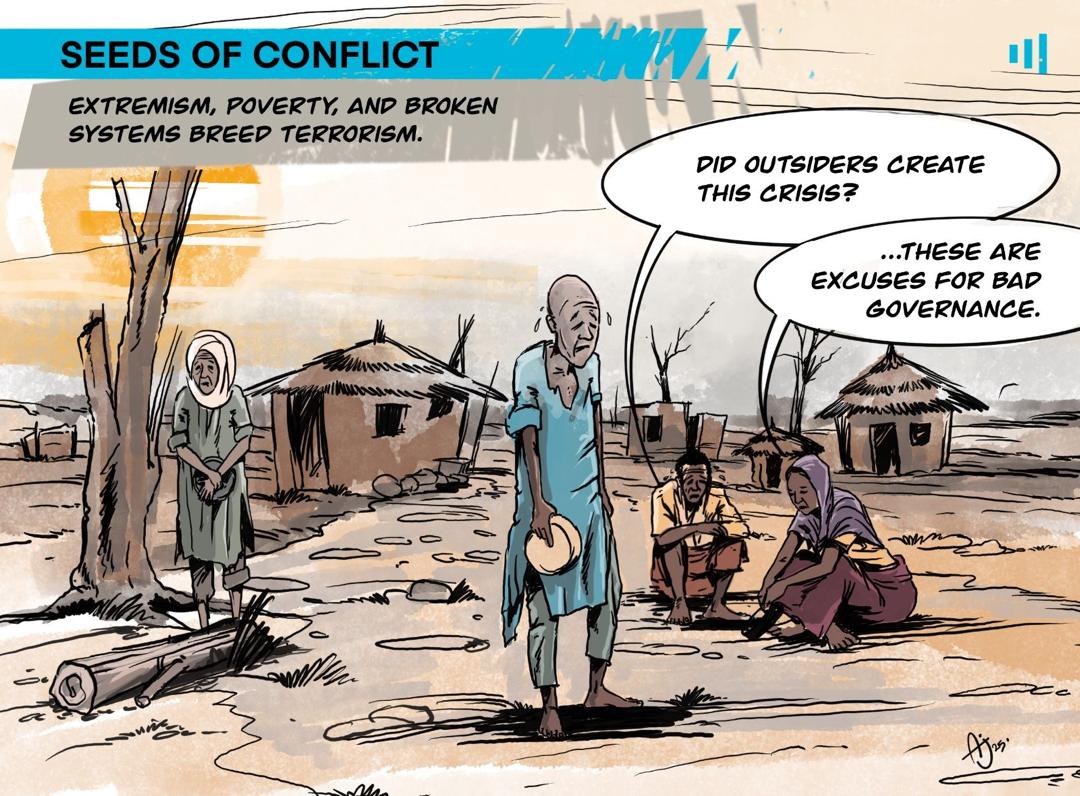 Illustration of a village with people discussing causes of conflict. Text highlights extremism, poverty, and broken governance systems.