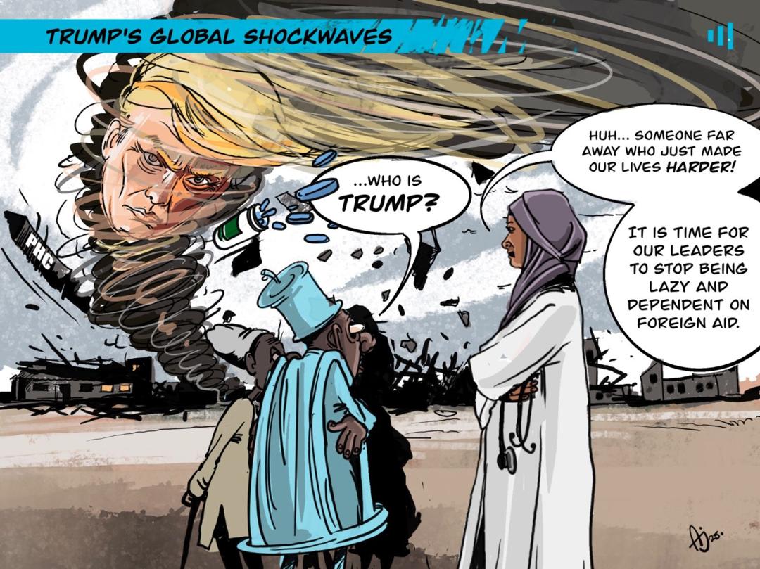 Cartoon of Trump as a tornado affecting people discussing dependency on foreign aid. Text: "Who is Trump?" "Someone far away who made our lives harder!"