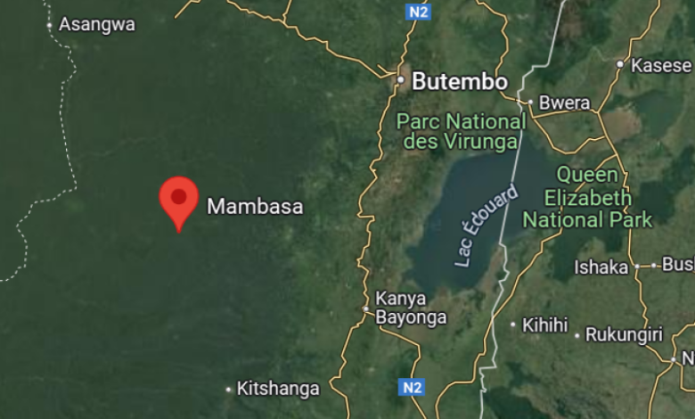 Map showing Mambasa, Parc National des Virunga, and Queen Elizabeth National Park near Lac Édouard, with roads and national borders.