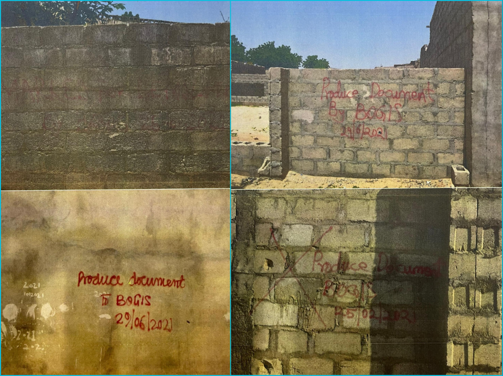 Four images of walls with graffiti in red, saying "Produce Document by BOGIS" with dates written underneath.