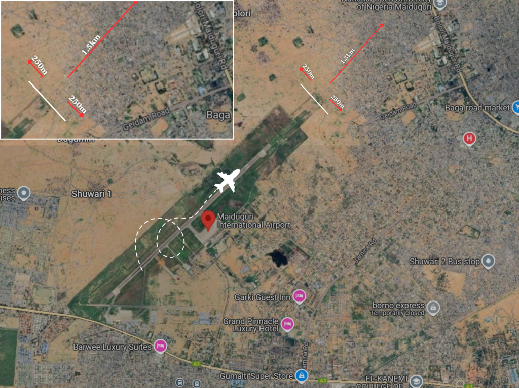 Map of Maiduguri showing landmarks, including the airport, hotels, and roads. Inset shows a detailed area with measurements.