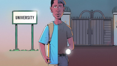 Split image of a person in daylight and nighttime, with "University" on one side and a gated house on the other, holding books and a flashlight.