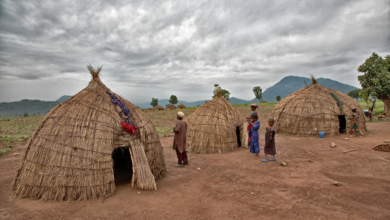 Thatched huts under cloudy skies, with people standing outside. Mountains and trees in the background.