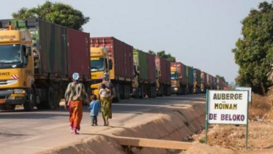 Long line of trucks on a road near trees, with people walking and a sign reading "Auberge Moinam de Beloko" beside them.