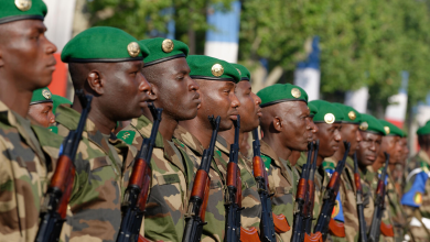 Soldiers in green berets and camo uniforms stand in formation, holding rifles, with trees in the background.