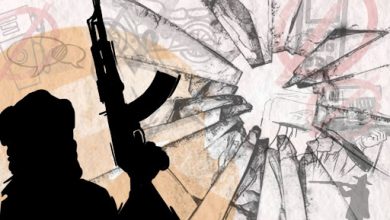 Silhouette of armed figure with abstract, chaotic background featuring weapon-like shapes and crossed-out icons.