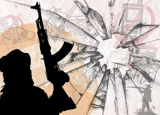 Silhouette of armed figure with abstract, chaotic background featuring weapon-like shapes and crossed-out icons.