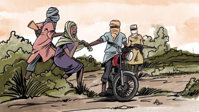 Illustration of bandits on a dirt path, one on a motorcycle, gripping a woman's dress as she resists amidst vegetation.