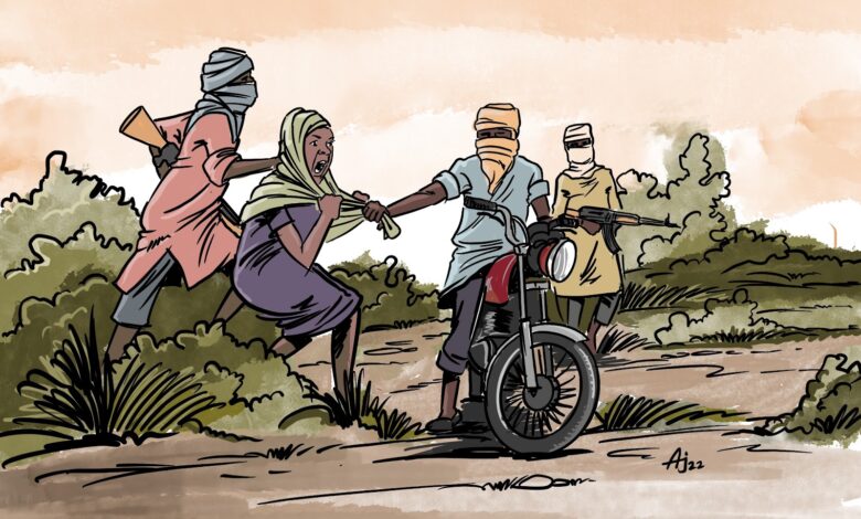 Illustration of bandits on a dirt path, one on a motorcycle, gripping a woman's dress as she resists amidst vegetation.