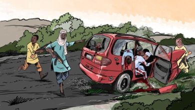 Illustration of people attacking a red van on a rural road, with bullet holes visible on the vehicle and an injured person inside.