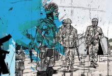 Stylized illustration of soldiers in combat gear, holding rifles, against a backdrop of abstract blue and gray splashes.