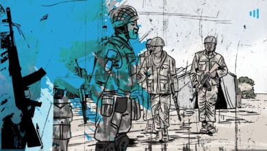 Stylized illustration of soldiers in combat gear, holding rifles, against a backdrop of abstract blue and gray splashes.