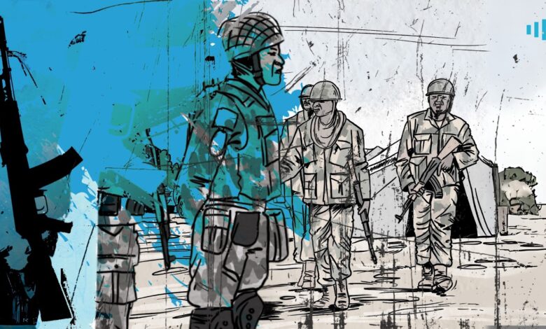 Stylized illustration of soldiers in combat gear, holding rifles, against a backdrop of abstract blue and gray splashes.