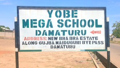 Sign for Yobe Mega School, Damaturu, with address: New Bra Bra Estate, along Gujba Maiduguri Bypass, Damaturu, under a clear sky.